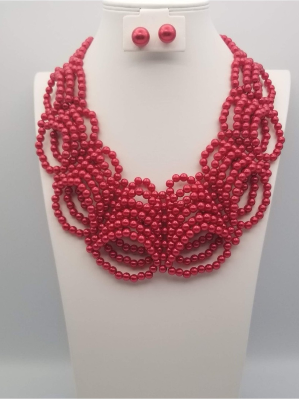 Red Beaded Statement Necklace and Earring Set
